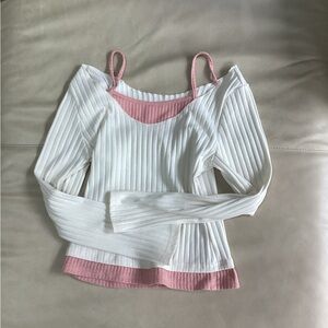 Women's Long Sleeve Ribbed Top - White and Pink